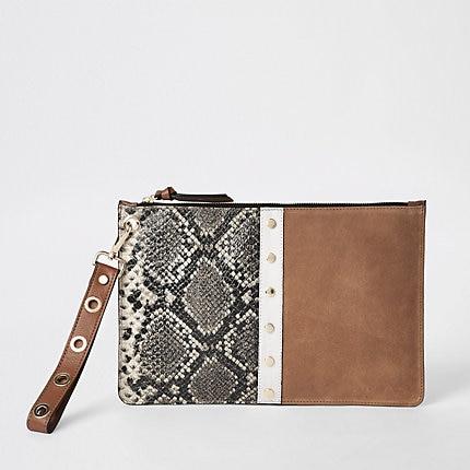 River Island Womens Snake Suede Leather Pouch Clutch Bag