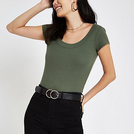River Island Womens Ribbed Scoop Neck T-shirt