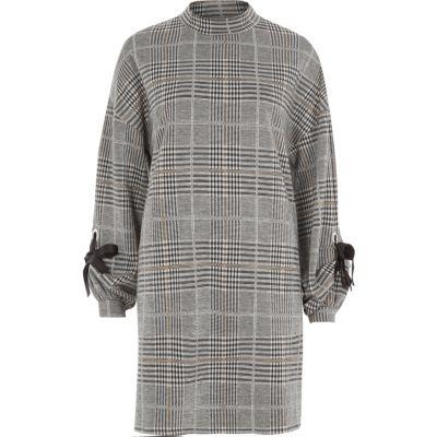 River Island Womens Check Jersey Eyelet Tie Cuff Swing Dress