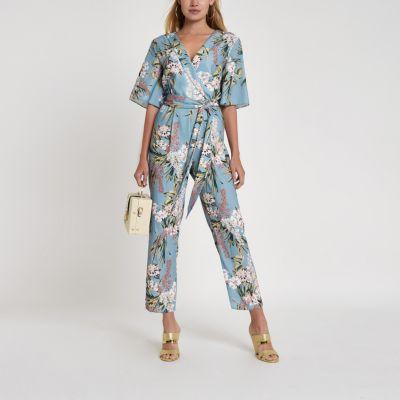 River Island Womens Floral Wrap Tie Waist Jumpsuit