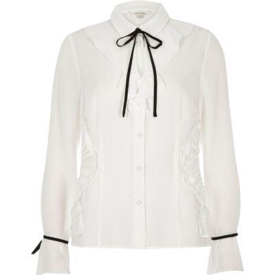 River Island Womens White Long Sleeve Tie Neck Shirt