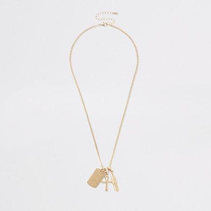 River Island Mens Gold Tone Feather Dog Tag Necklace