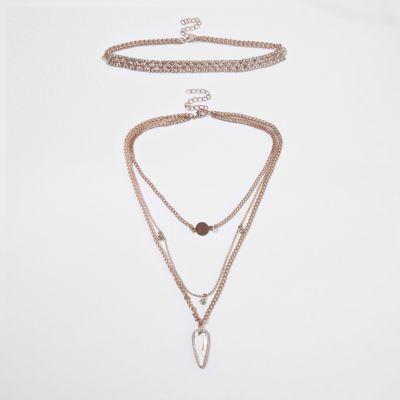 River Island Womens Rose Gold Tone Multi Row Choker Set