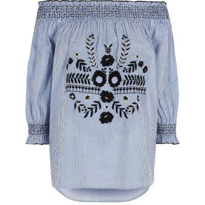 River Island Womens Stripe Floral Embroidered Bardot Top
