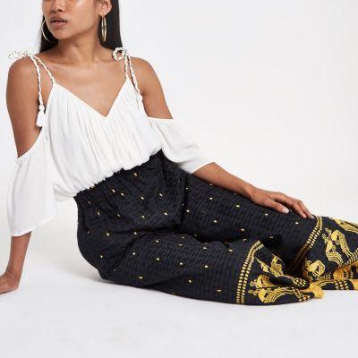 River Island Womens Petite Embroidered Fringe Hem Trousers