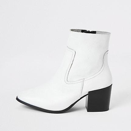 River Island Womens White Leather Block Heel Sock Boot