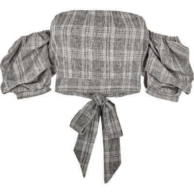 River Island Womens Check Puff Sleeve Bardot Crop Top