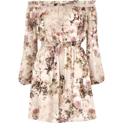 River Island Womens Floral Print Bardot Tie Front Dress