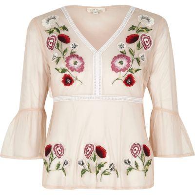 River Island Womens Mesh Floral Embroidered Peplum Hem Top