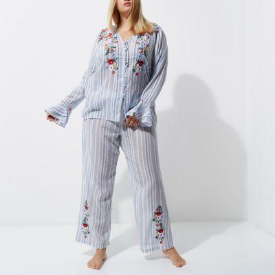 River Island Womens Plus Stripe Embroidered Pajama Bottoms
