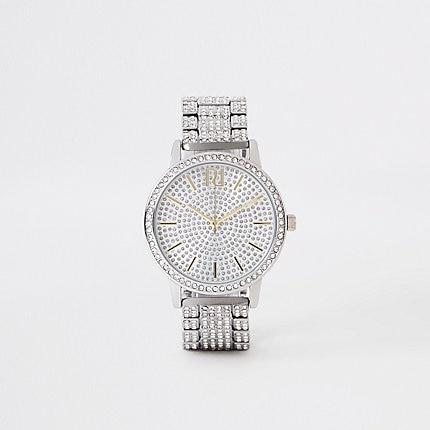 River Island Womens Silver Rhinestone Pave Chain Link Watch