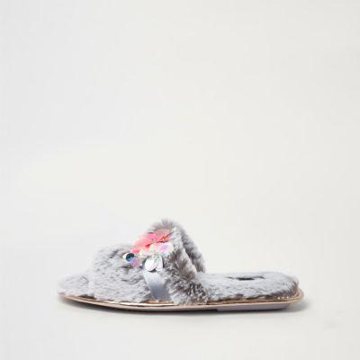 River Island Womens Faux Fur 3d Flower Slider Slippers
