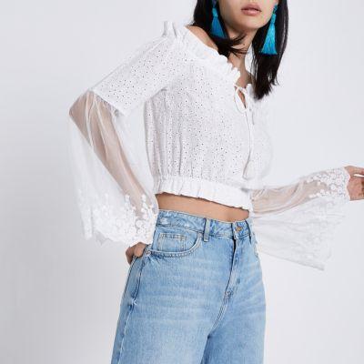 River Island Womens White Broderie Bardot Crop Top
