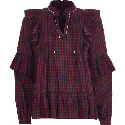 River Island Womens Check Frill Front Tie Neck Top
