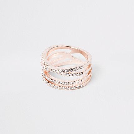 River Island Womens Rose Gold Tone Rhinestone Double Kiss Ring