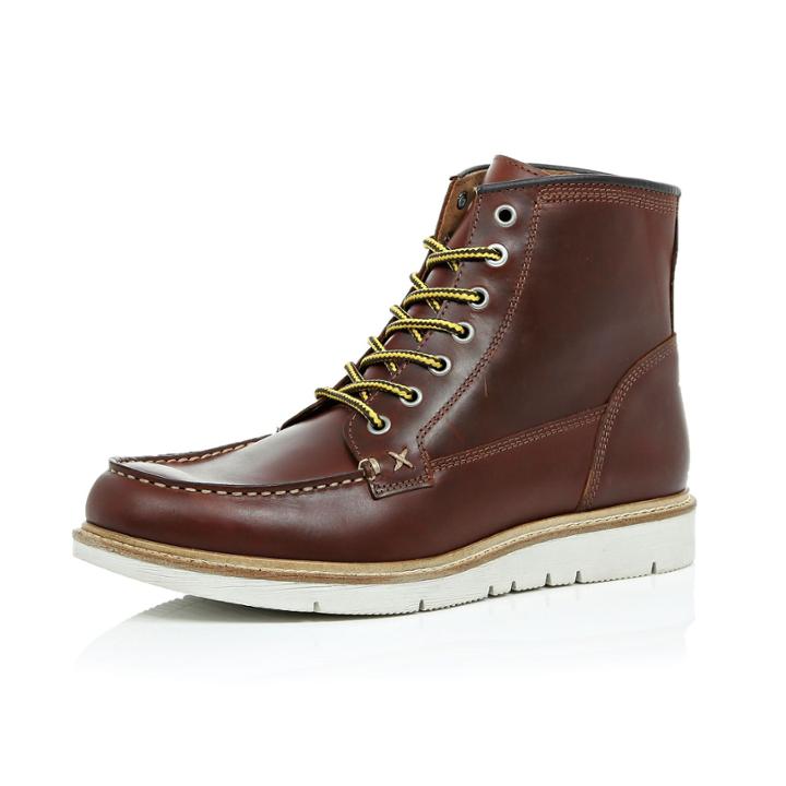 River Island Mensbrown Leather Modern Hiker Boots