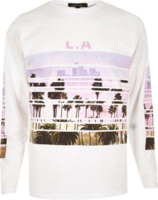 River Island Menswhite La Print Long Sleeve T-shirt