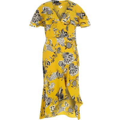 River Island Womens Floral Frill Tie Waist Wrap Midi Dress