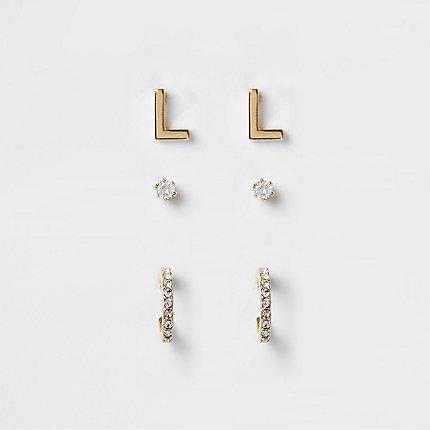 River Island Womens Gold Plated 'e' Cubic Zirconia Stud Multipack