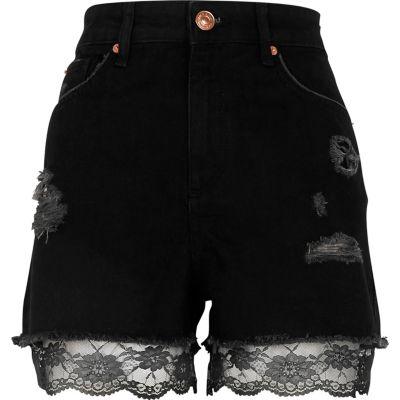 River Island Womens Lace Hem High Waisted Denim Shorts