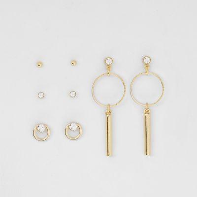 River Island Womens Gold Tone Drop Diamante Earrings Pack