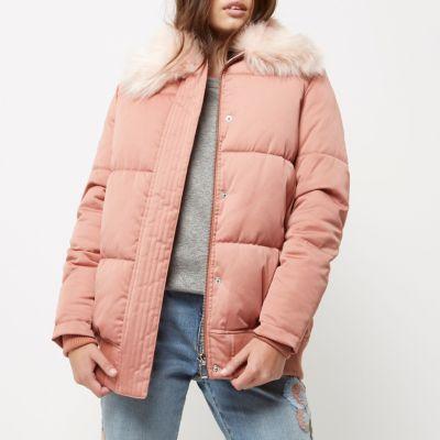 River Island Womens Petite Puffer Coat With Faux Fur Trim