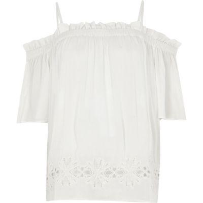 River Island Womens White Crochet Hem Cold Shoulder Top