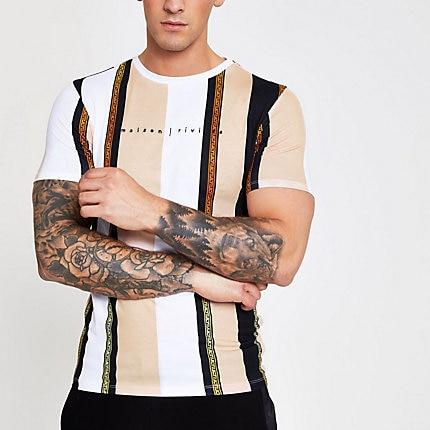 River Island Mens White Stripe Maison Muscle Fit T-shirt