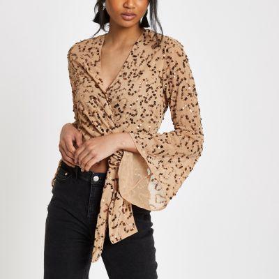 River Island Womens Gold Tie Front Sequin Wrap Top