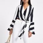 River Island Womens Petite White Mono Stripe Knot Cropped Top