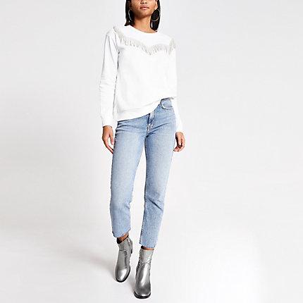 River Island Womens White Diamante Fringe Western Sweatshirt