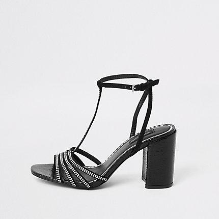 River Island Womens Diamante T-bar Wide Fit Heeled Sandals