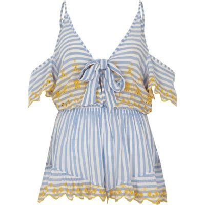 River Island Womens Stripe Broderie Beach Playsuit