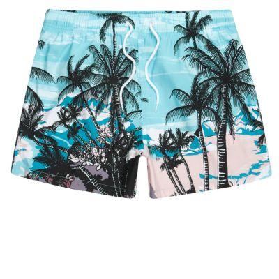 River Island Mens Palm Tree Beach Scene Print Swim Trunks