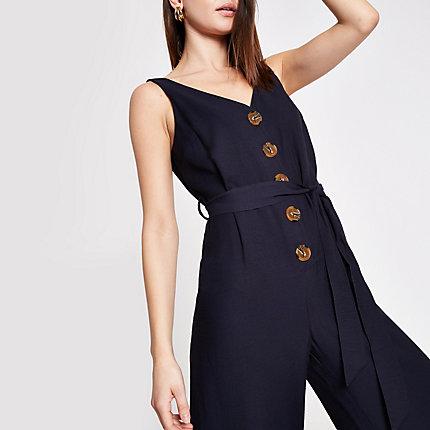 River Island Womens Button Front Tie Waist Jumpsuit