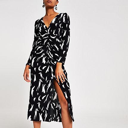 River Island Womens White Printed Ruched Split Front Midi Dress