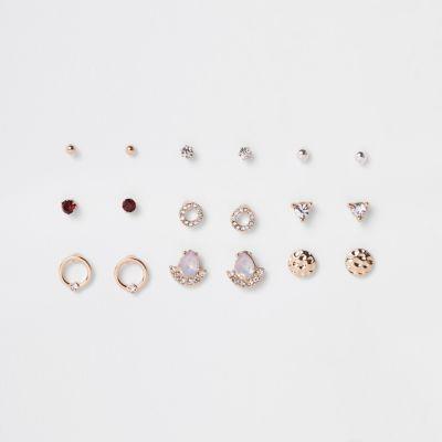 River Island Womens Gold Tone Opal Diamante Stud Earrings Pack