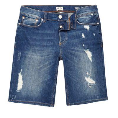 River Island Mens Wash Distressed Slim Fit Denim Shorts