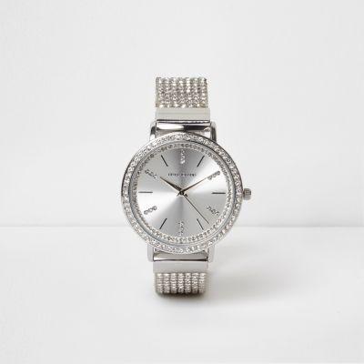 River Island Womens Silver Tone Heatseal Diamante Watch