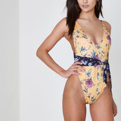 River Island Womens Floral Print Tie Waist Plunge Swimsuit