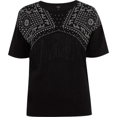 River Island Womens Spot Print Fringed Yoke T-shirt