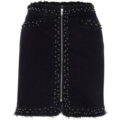 River Island Womens Frayed Studded Zip Front Denim Skirt