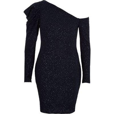 River Island Womens One Shoulder Puff Sleeve Glitter Dress