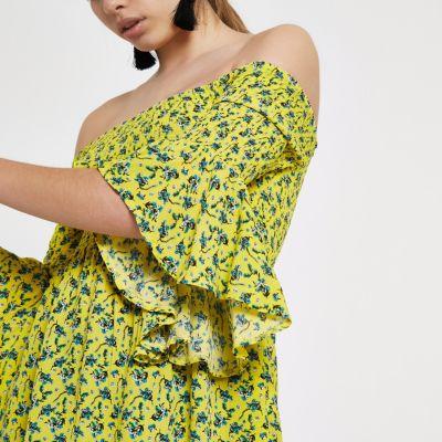 River Island Womens Shirred Floral Bardot Frill Sleeve Top