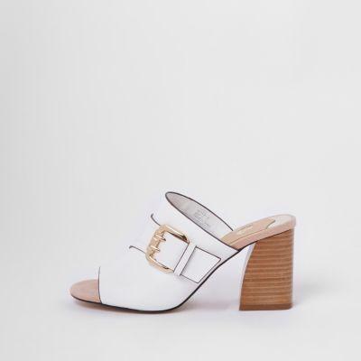 River Island Womens White Buckle Block Heel Mules