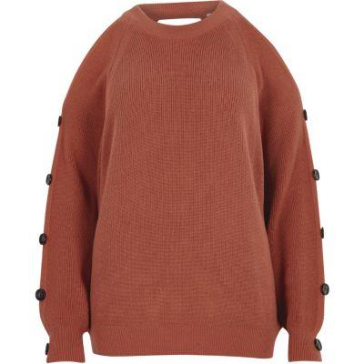 River Island Womens Knit Cold Shoulder Button Sleeve Sweater