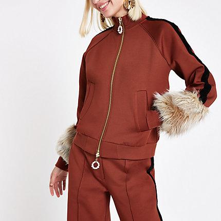River Island Womens Ri Studio Rust Faux Fur Cuff Tracksuit Jacket