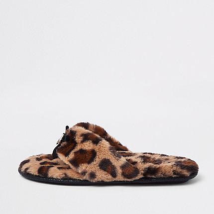 River Island Womens Faux Fur Leopard Flip Flop Slippers