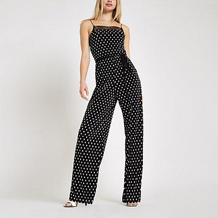 River Island Womens Spot Plisse Lace Trim Jumpsuit