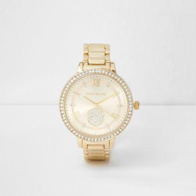 River Island Womens Gold Tone Diamante Round Face Watch